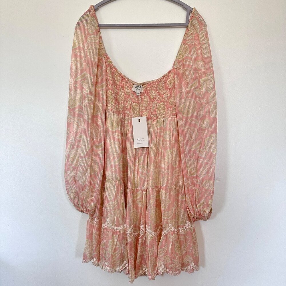 NWT NEW Hemant & Nandita Zahra Mini Dress Peach Pink Floral Embroider Sz S $338